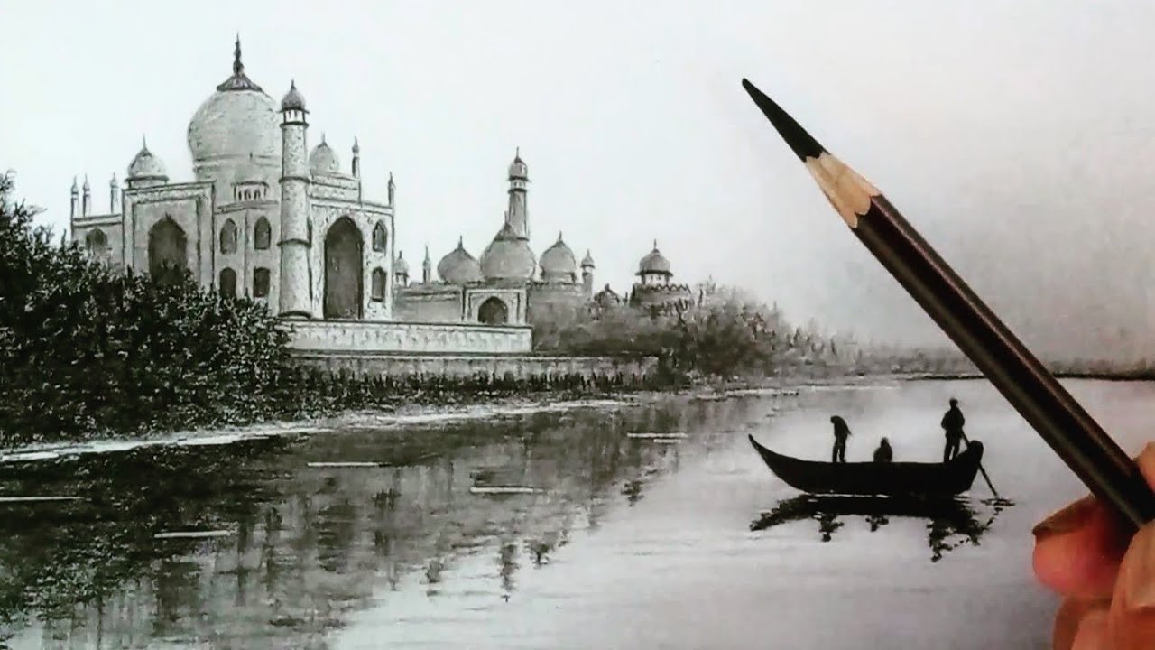 Taj mahal with yamuna river  landscape scenery drawing with pencil easy ways /How to draw taj mahal/
