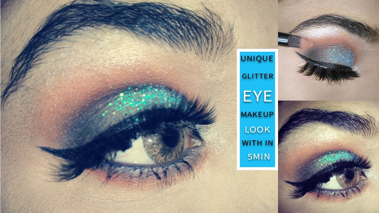 how to create unique Glitter eye makeup look with in 5 min//makeup by