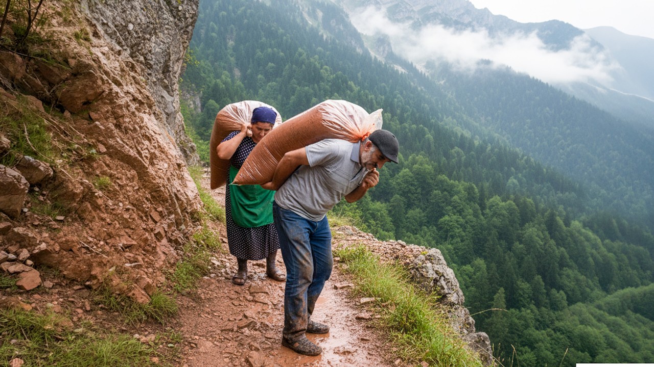 Thumbnail for On a 45° Mountain Slope, Grandparents Carry 40 kg Clay Loads on Their Backs to Build a Stove