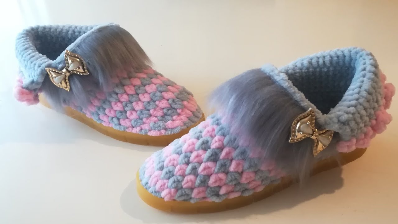 ÖRGÜ EV AYAKKABISI YAPIMI, Kadife ipten bot yapımı,MODEL AYŞE VAROL , Kadife panduf