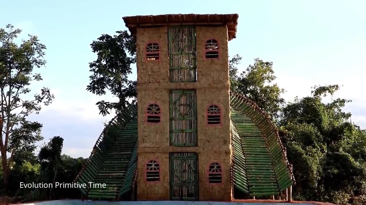 Build Three Story Mud House With Bamboo Water Slide Around House Build