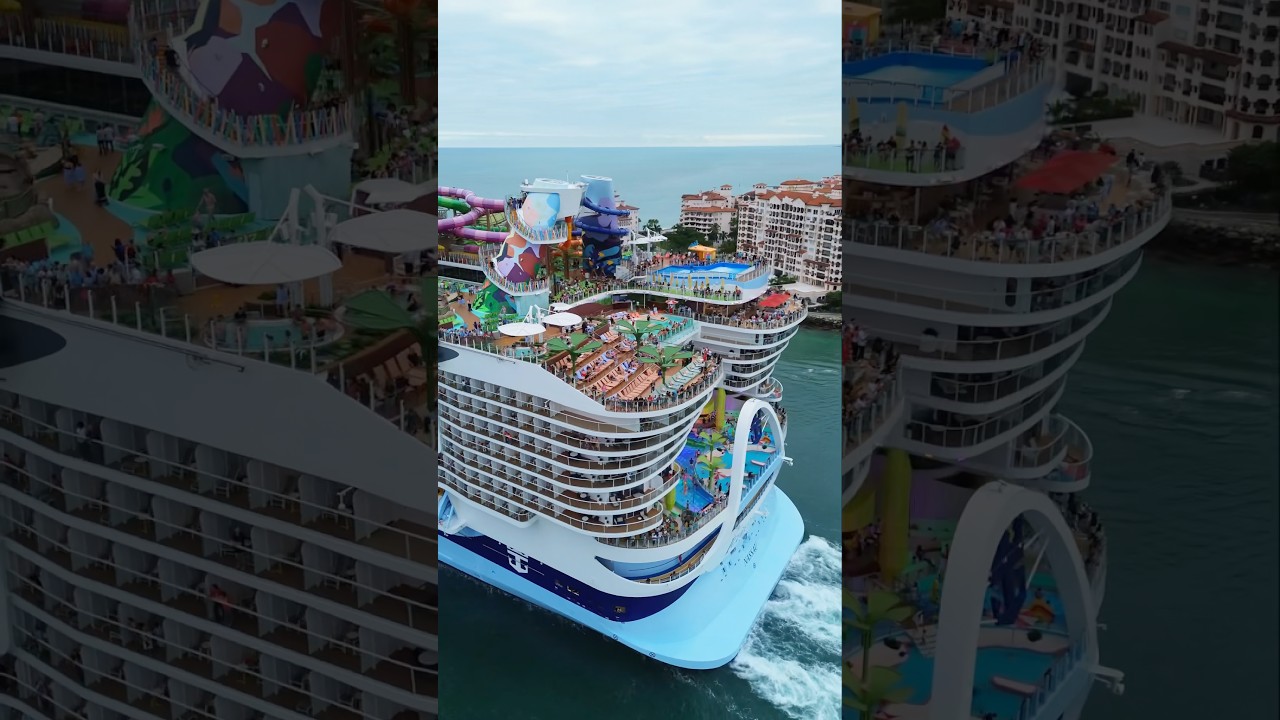 What a view 🤯 Icon of the Seas sailing away from Miami #dronevideo