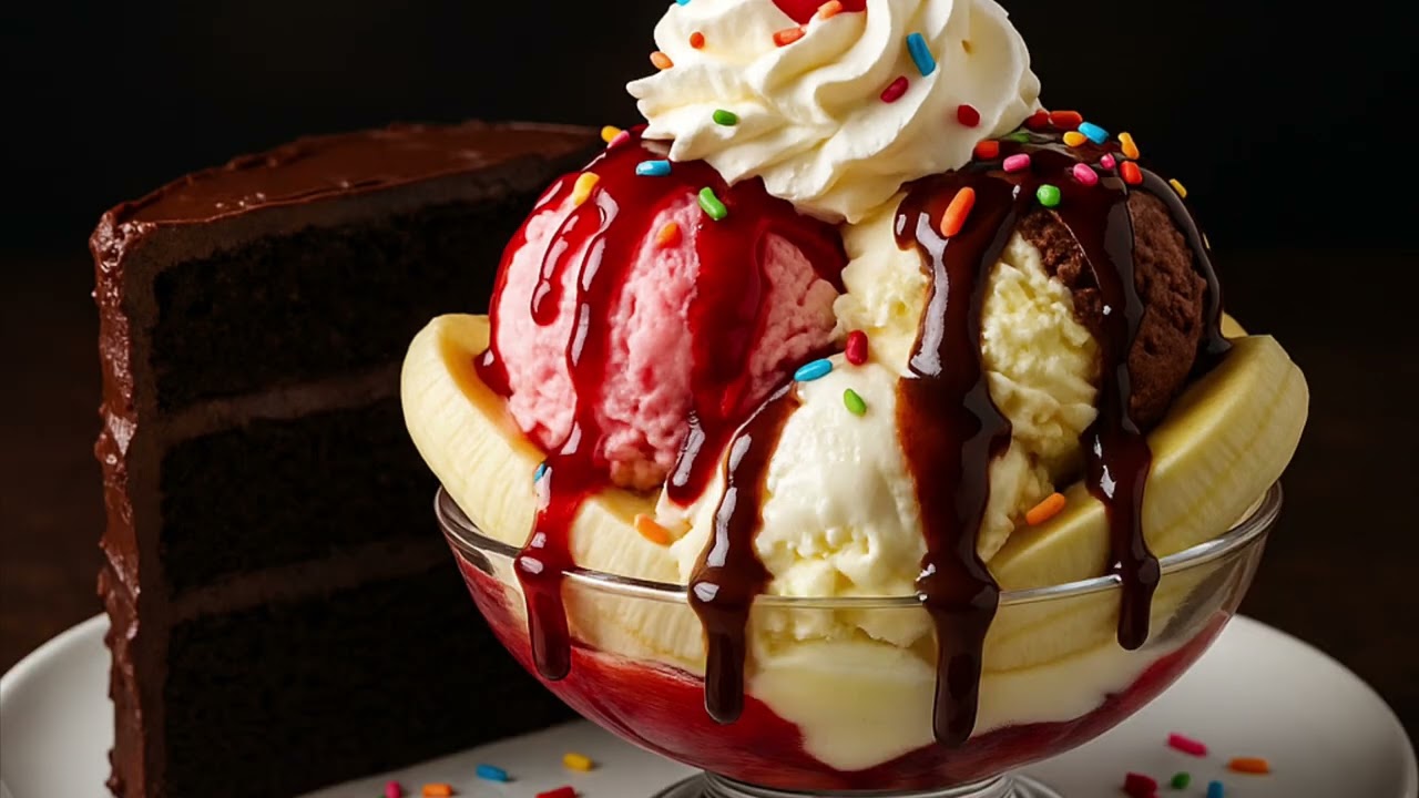 Brian M. Inspired – Banana Split Sundae with Triple Chocolate Cake Slice