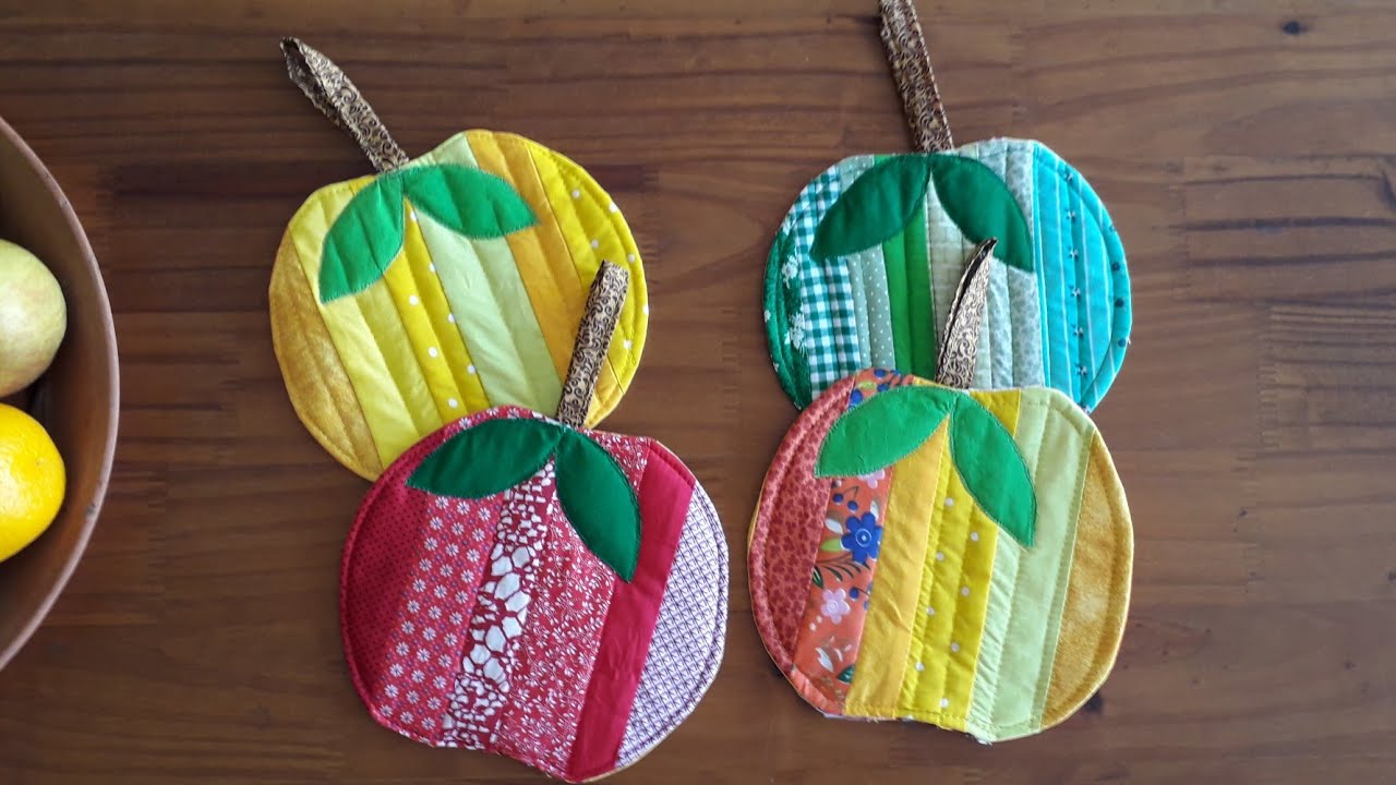 Descanso panelas, aproveitamento retalhos ,formato  maçã, passo à passo.