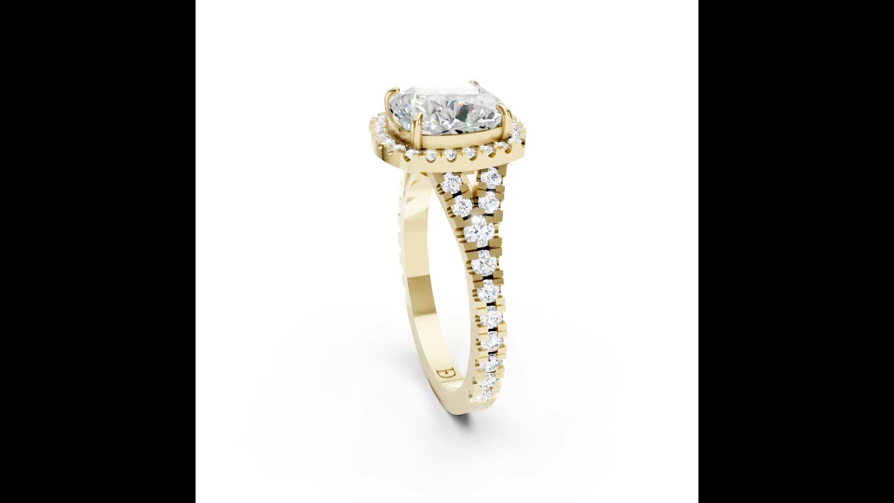 Cushion Cut Halo & V-Split Shank Pavé Diamond Ring