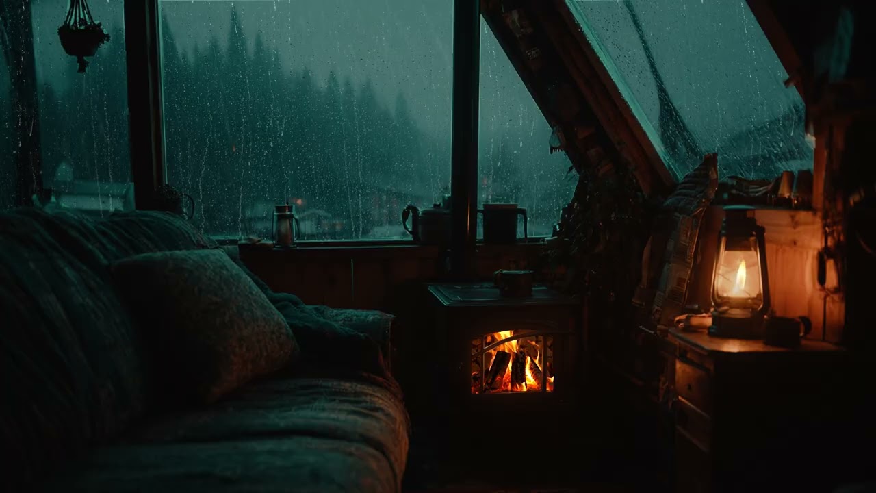 Night Rain in Cozy Cabin 🌧 Relaxing Rain Sounds with Fireplace Warmth for Sleeping