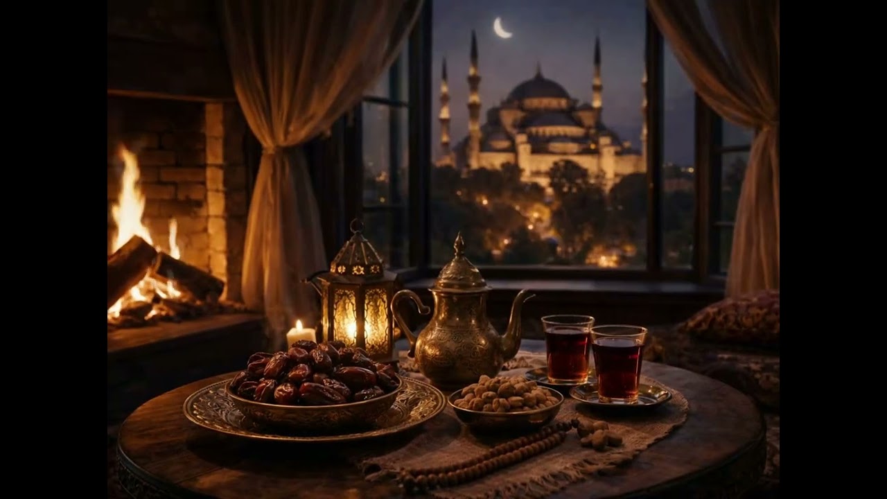 Ramadan in Istanbul 🌙 Cozy Fire Moments | Blue Mosque View, Sea Lights & Peaceful Islamic Ambience
