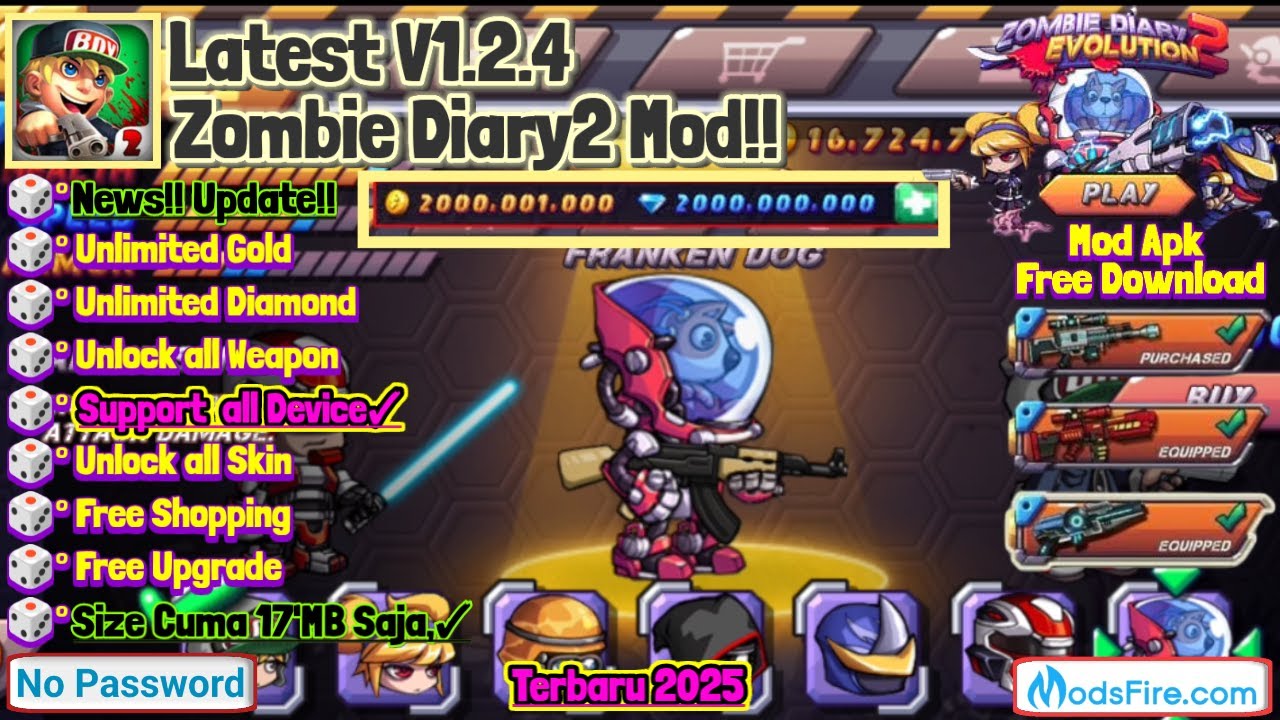 Zombie Diary 2 Mod Menu Apk Update V1.2.4 all Weapon Unlock, Unlimited Diamond
