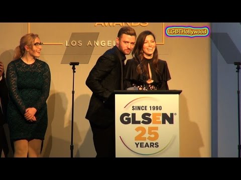 JUSTIN TIMBERLAKE & JESSICA BIEL on stage for LGBT Youth GLSEN 2015