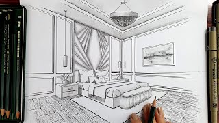 Drawing A Bedroom In Two Point Perspective | Timelapse