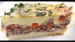 :       \ Potato casserole with minced meat and mushrooms