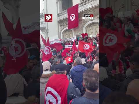 في الذكرى ال 15 للثورة تونسيون يتظاهرون في العاصمة تونس رافعين شعارات داعمة للرئيس قيس سعيد