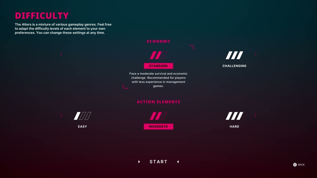 The Alters - Playstation 5: Select Difficulty (Descriptions) Standard, Challenging, Hard, Easy etc
