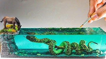 GIANT ANACONDA Snake attacks HORSE-Scary Diorama/How to make/ DIY/ Polymer Clay /Resin Art