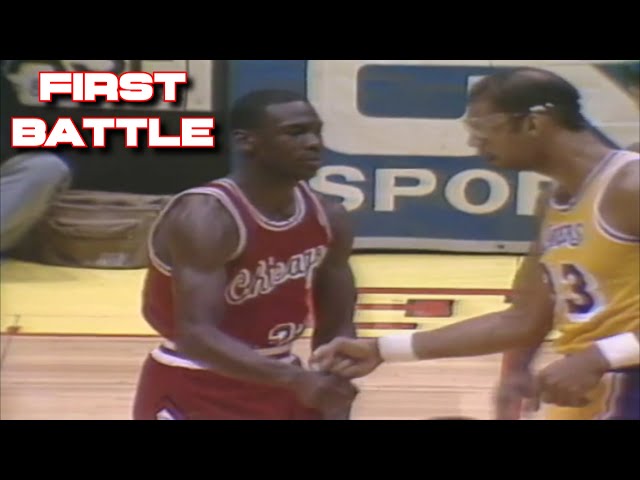 1984 Rookie Michael Jordan First Game vs Magic Johnson u0026 Kareem Abdul-Jabbar class=