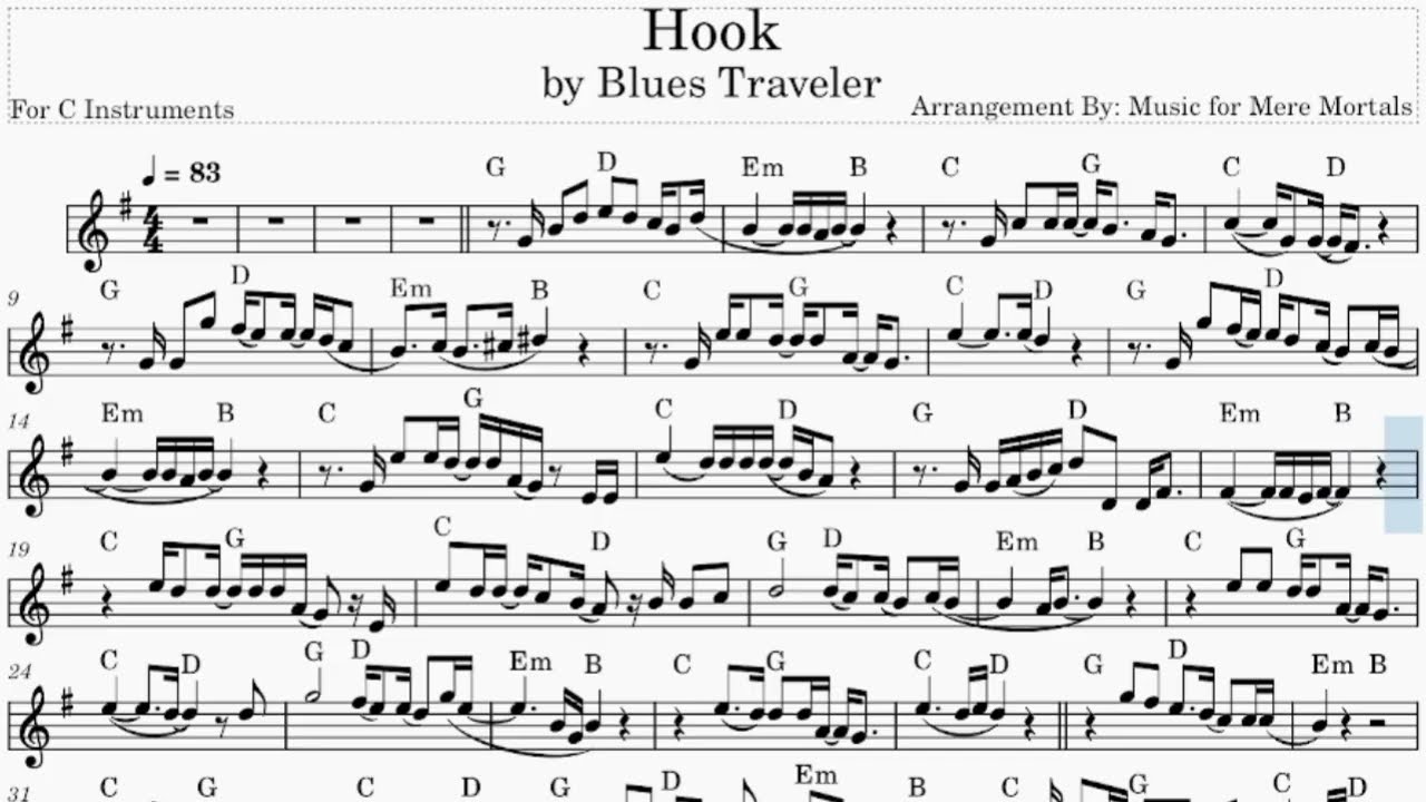 Hook - by Blues Traveler - Play Along for C Instruments