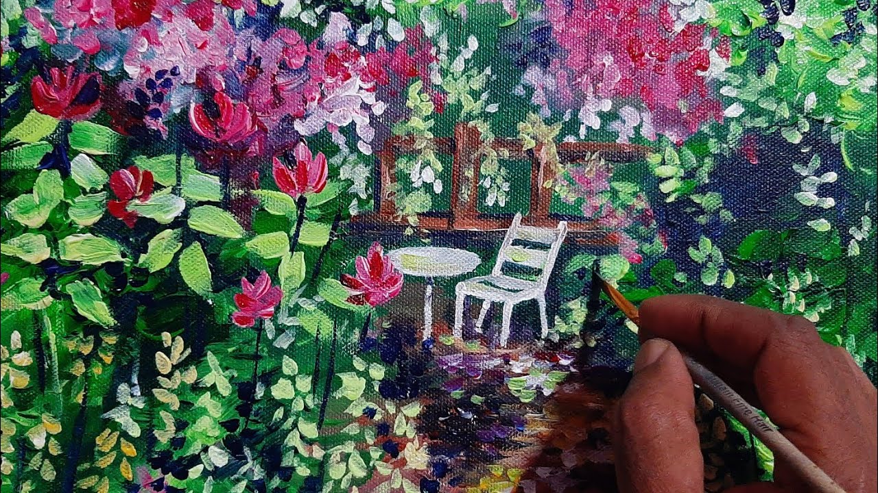 How to paint a garden scenery/Easy garden scenery painting/Acrylic ...