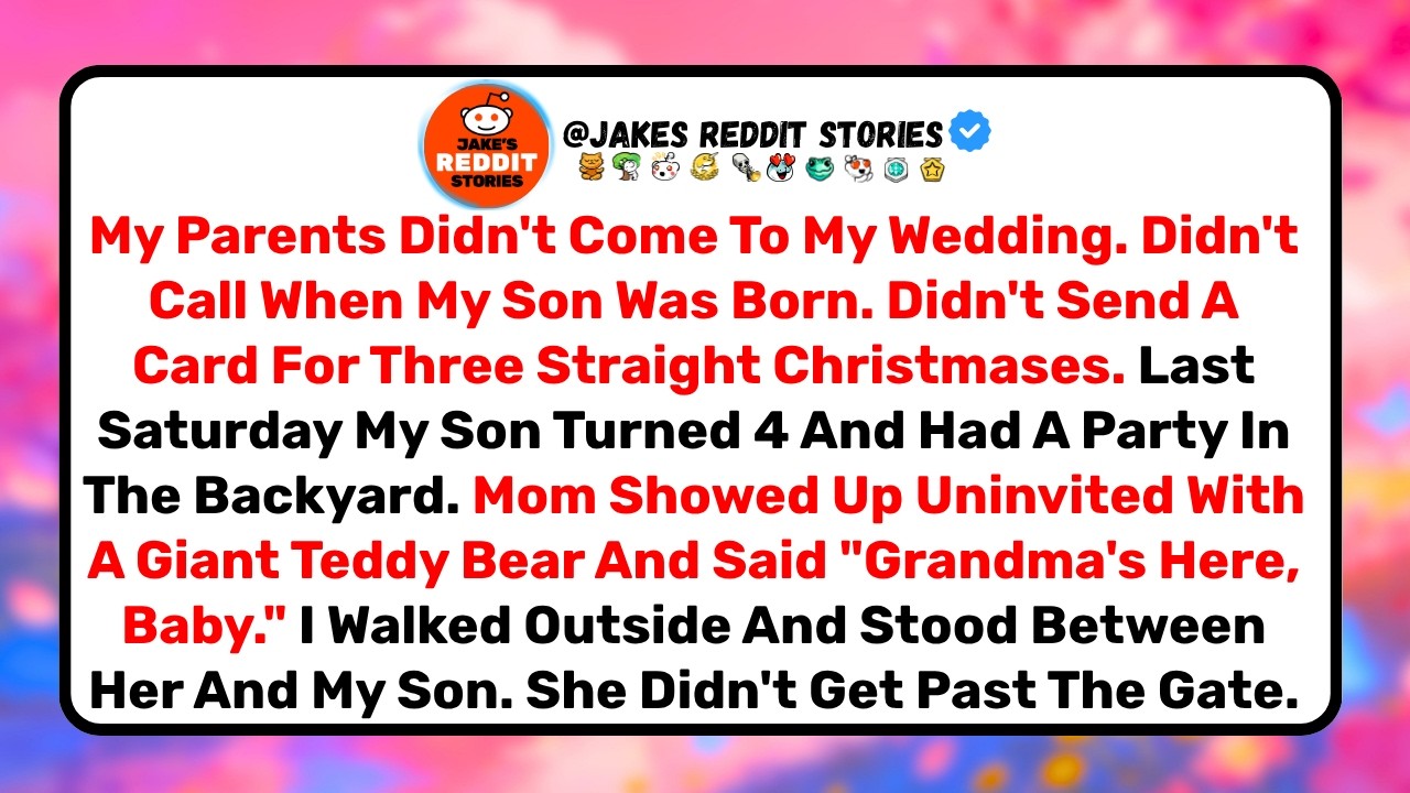 I was slicing a dinosaur cake in my own backyard when I saw her at the gate—my mother, holding a teddy bear the size of a small fridge, smiling like she hadn't vanished for three Christmases. My...
