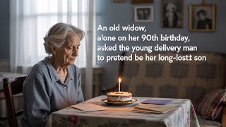 An old widow, alone on her 90th birthday, asked the young delivery man to pretend to be her long