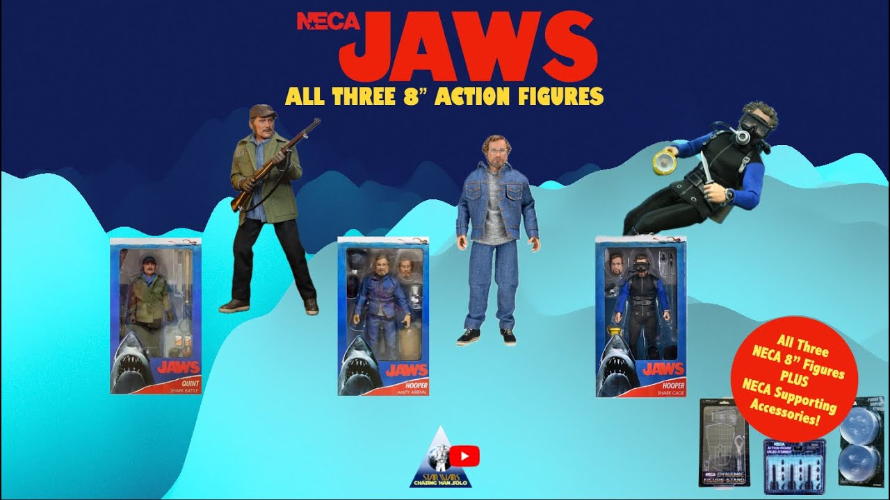 All Three NECA JAWS 8” Reel Toys Action Figures (Quint, Hooper) and Supporting Brand Accessories
