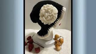 Womens crochet hats, crochet winter hats, black crochet hat, winter apparel, white roses, flowers.