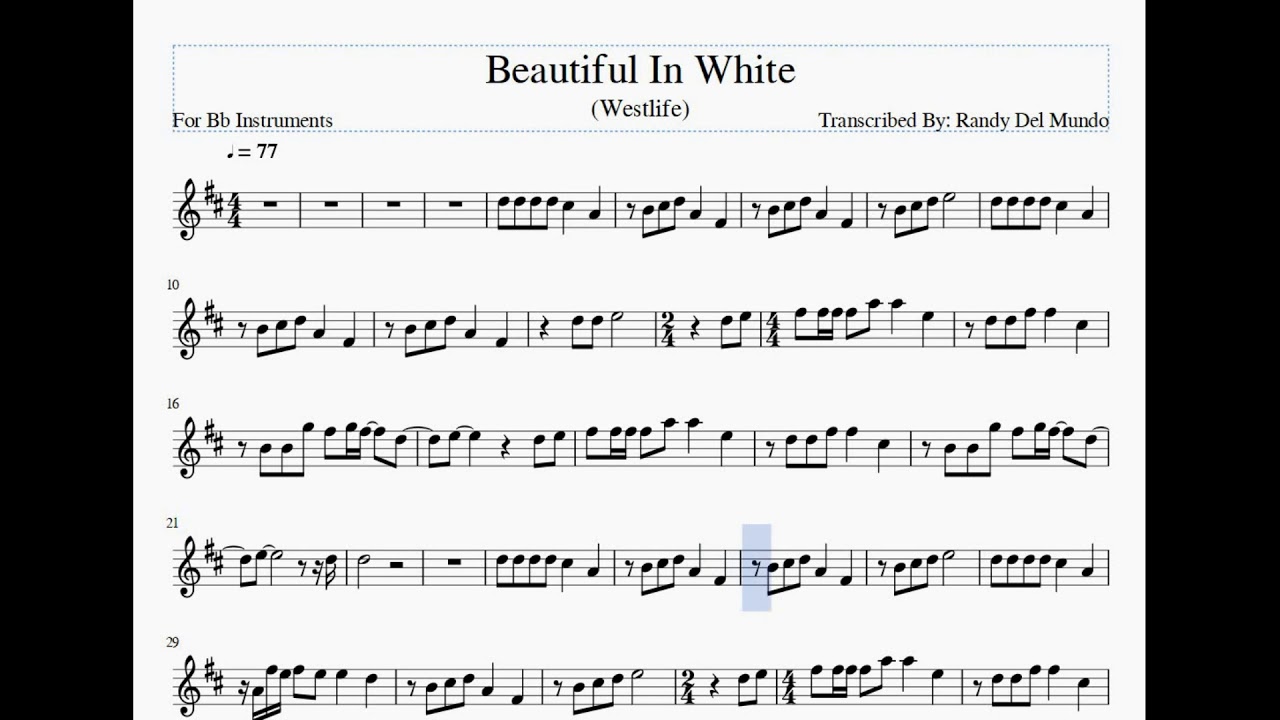 Beautiful In White – Trumpet and Bflat Sheet Music and Minus One