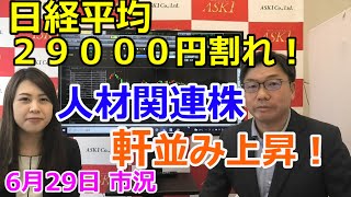 2021年6月29日【日経平均29000円割れ！人材関連株軒並み上昇！】（市況放送【毎日配信】）