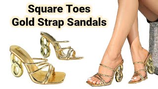 Womens High Heel Modern Square-Toe Dress Sandals For Parties Special Occasions, Gold Strap