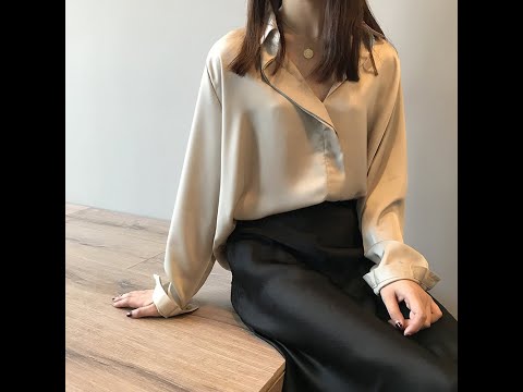 V Neck Loose Blouse Long Sleeves Shiny Satin Blouse Vintage Shirts Elegant Imitation Silk Blouse