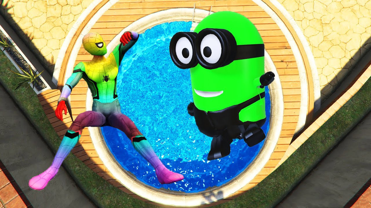 GTA 5 Spiderman & Rainbow Minions Pool Parkour (Jump & Fails)