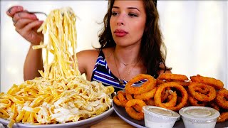 Fettuccine Alfredo &amp; Onion Rings MUKBANG