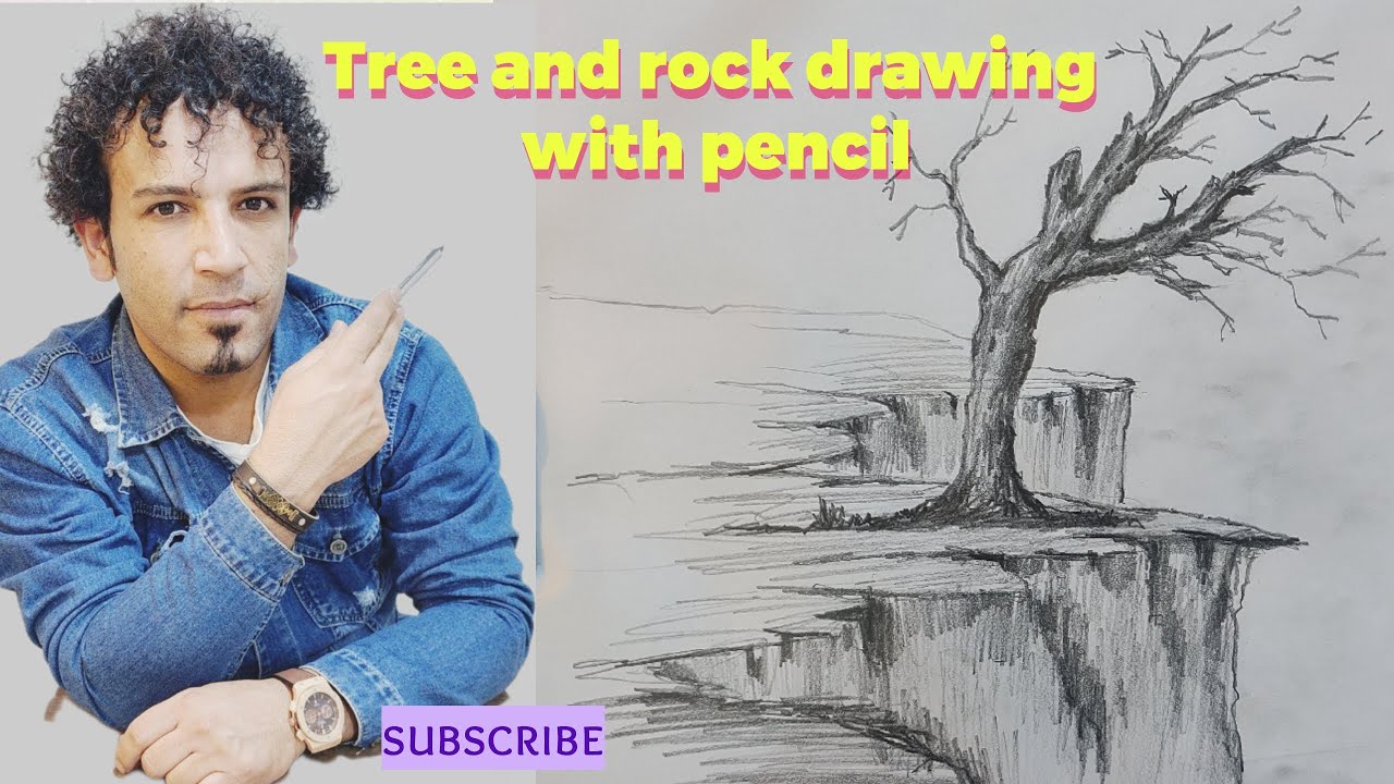 Tree trunk design with rock.Simple drawing of tree trunk and rock with ...
