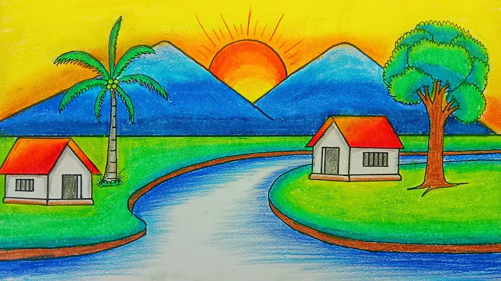 How to draw a beautiful village scenery || easy drawing || circle drawing @RongdhonuArtandDrawing 