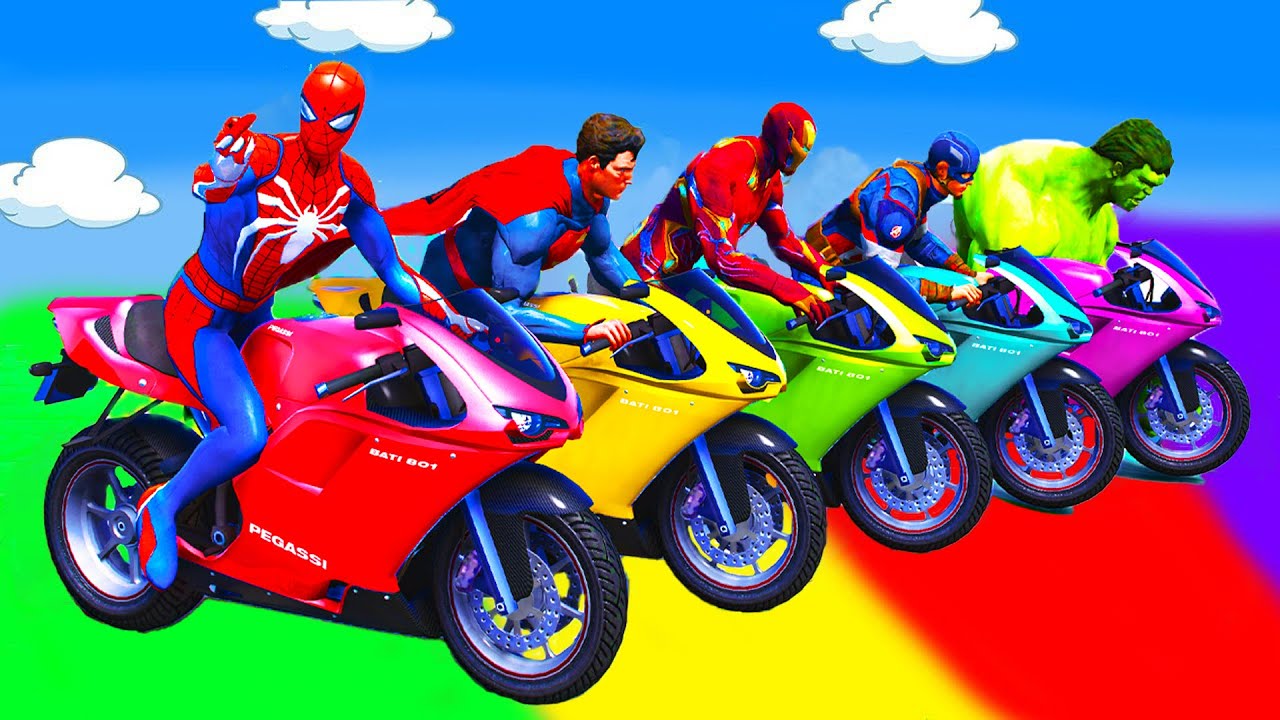 الأبطال الخارقين على القضبان دوامة قمع جسر 🚴‍♂️ SPIDER MAN!on Motorcycle in Spiral Bridge Stunt Rid