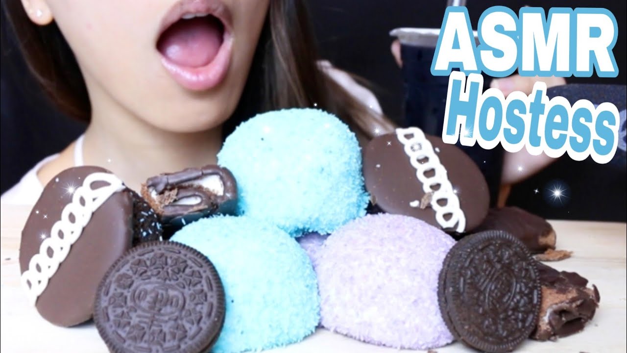 ASMR HOSTESS MARSHMALLOWS CHOCOLATE SNOBALL CAKES + OREO ( EATING SOUNDS ) SNACK MUKBANG 먹방 먹는 리얼사운드