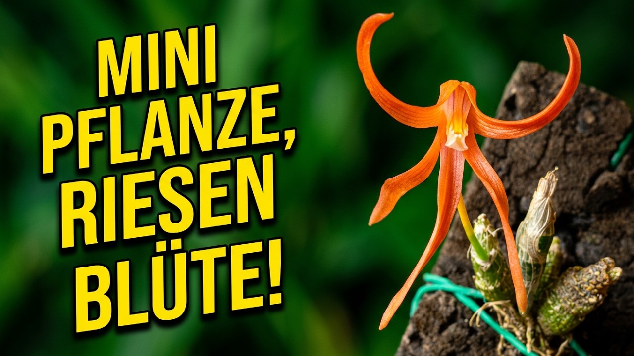 Dendrobium lamyaiae: Große orange Blüte an einer Mini-Orchidee