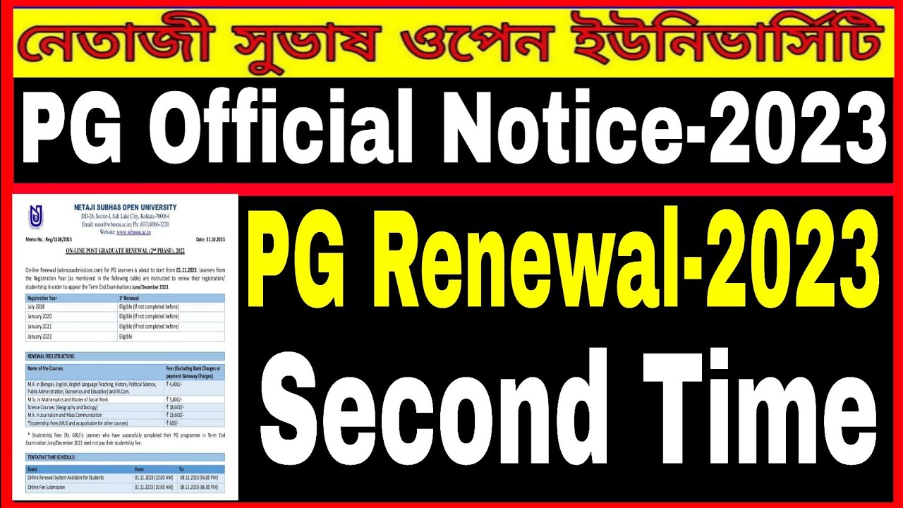 NSOU Official Notice PG Renewal 2023 PG Second phase renewal 2023