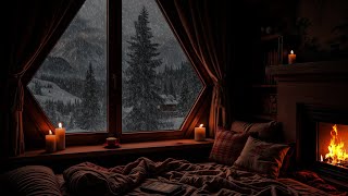 Winter Cabin Window View 🌨️🔥 Snowfall & Cozy Fireplace Sounds for Deep Sleep and Relaxation