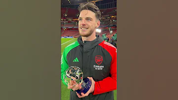 DECLAN RICE REACTS TO WINNING PLAYER OF THE MATCH VERSUS REAL MADRID AFTER 3 0 CHAMPIONS LEAGUE WIN 