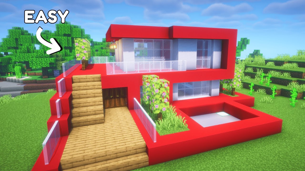 How to create a red modern house in minecraft - YouTube