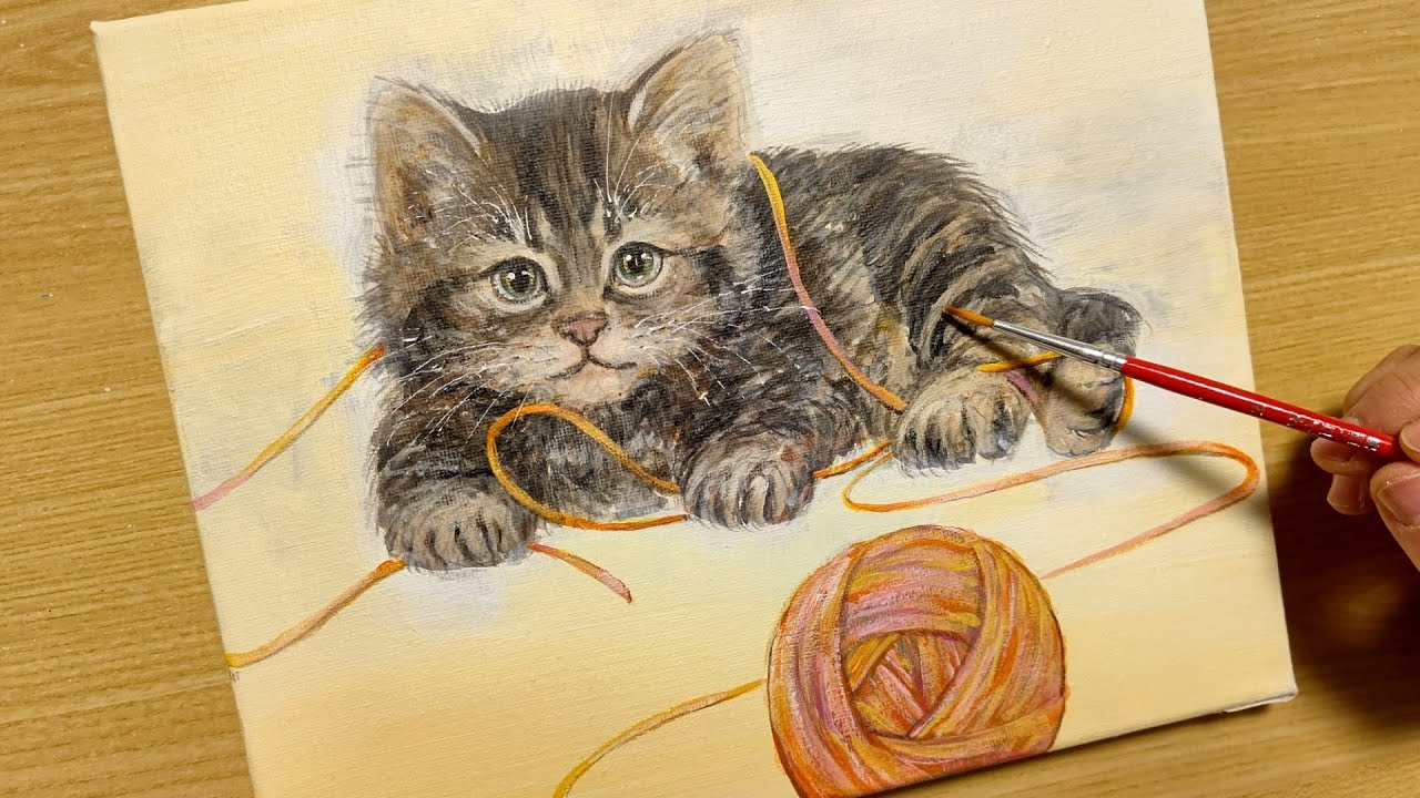 How to draw a kitten playing with yarn with acrylic paint / for