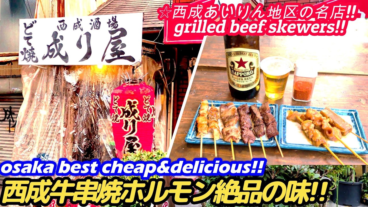 【激安!!西成串焼きホルモンが○○すぎた!!】成り屋 NARIYA grilled beef skewers japanese street food せんべろ ホルモン焼き 大阪グルメ 焼肉
