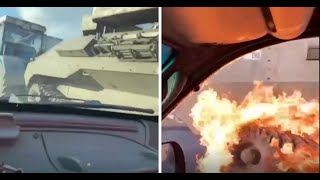 Ukrainian woman throws a Molotov cocktail from a moving car on a Russian tank