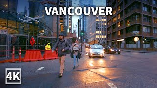 【4K】 Morning Walk in Downtown Vancouver  Commute in Light Rain (Binaural City Sounds)
