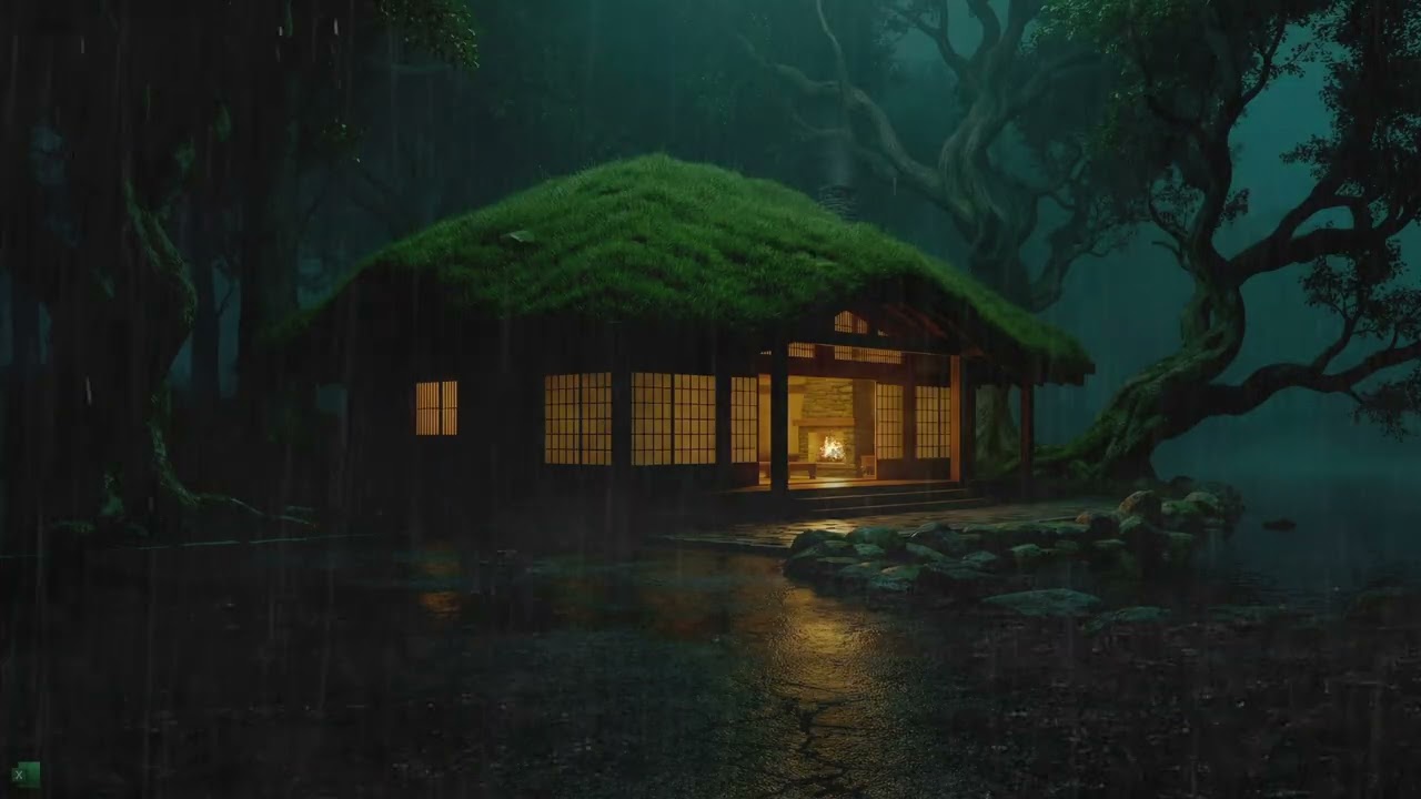 Heavy Rain Sound At Serene Lakeside Forest Home With Lush Green Roof And Misty Midnight Glow