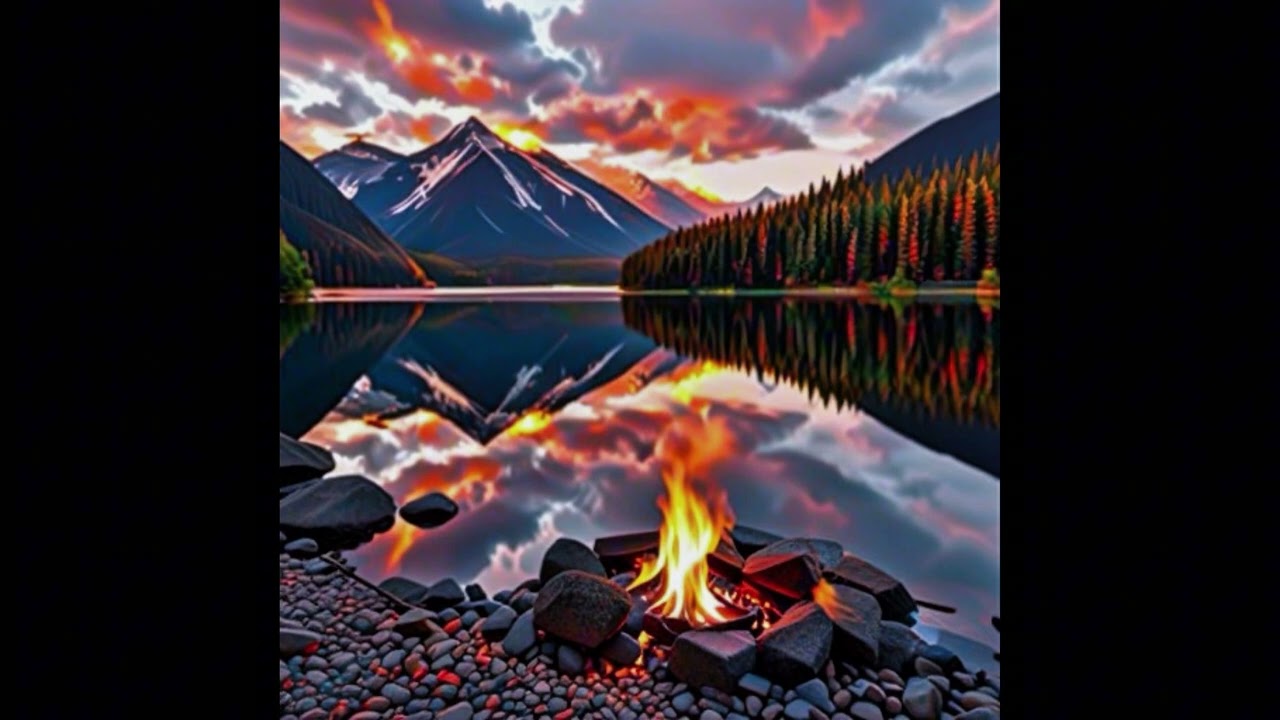 Quiet evening by the campfire with a view of the lake and the Alps Тихий вечер у костра на озере☕️🕯️