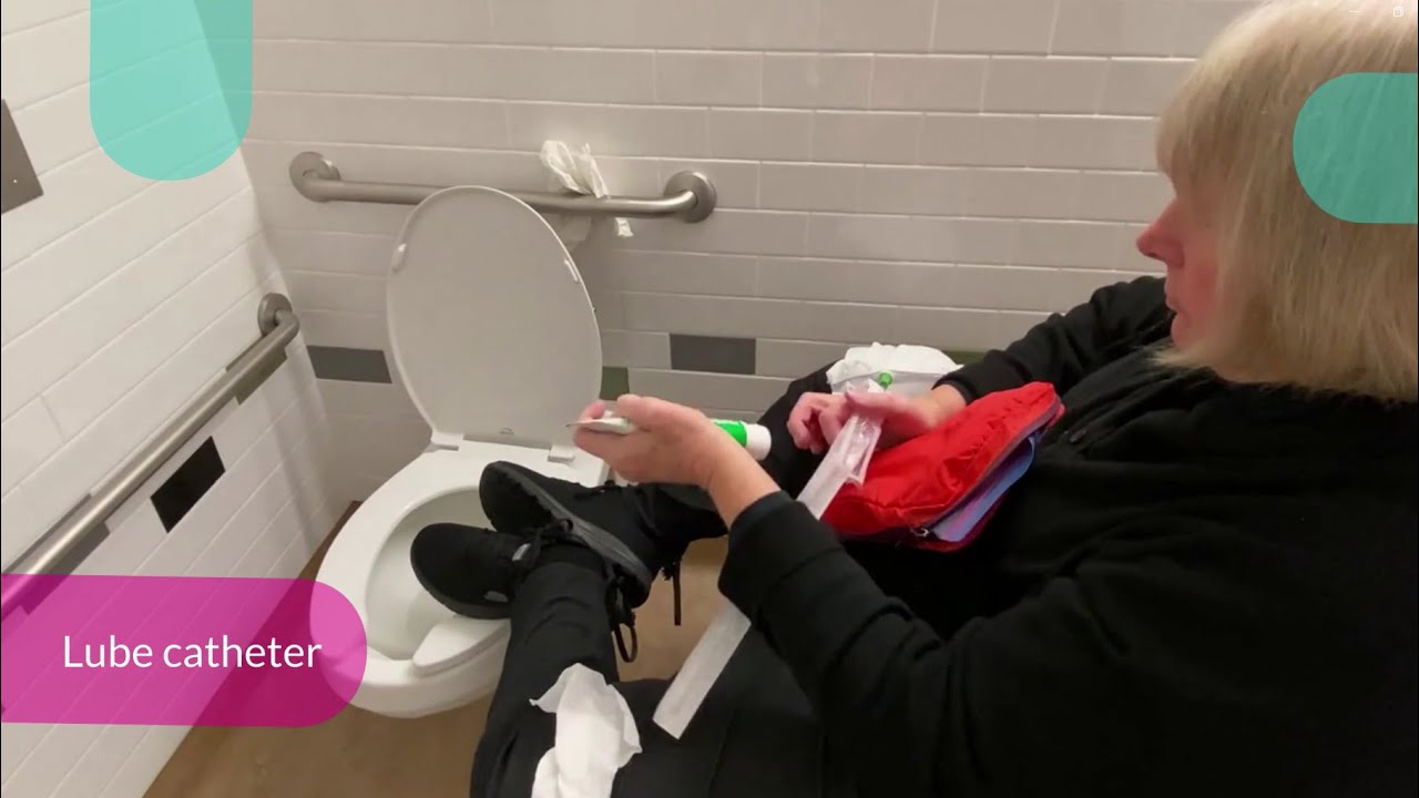 Selfcatheterization demo in public washroom Wheelchair Spinal cord injury neurogenic