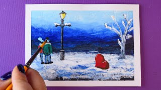 How to draw a beautiful picture? Snowy night painting in winter with acrylic paint.