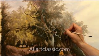Oil Painting of Grazing Cows in Rural Landscape