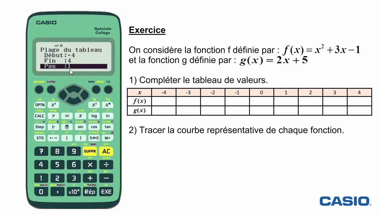 Fonctions - Tableau de valeurs (CASIO - ex 2) - YouTube